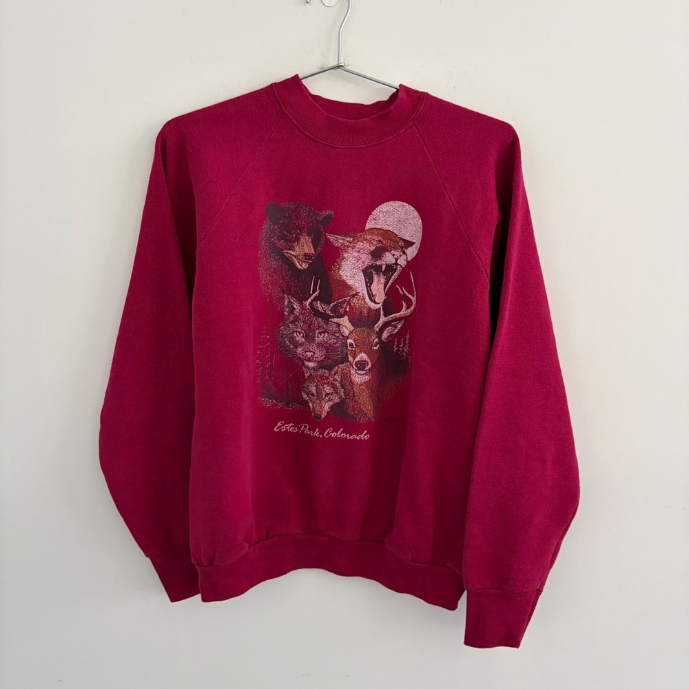 Vintage Fruit of the Loom Estes Park Colorado Wildlife Sweatshirt Red Large